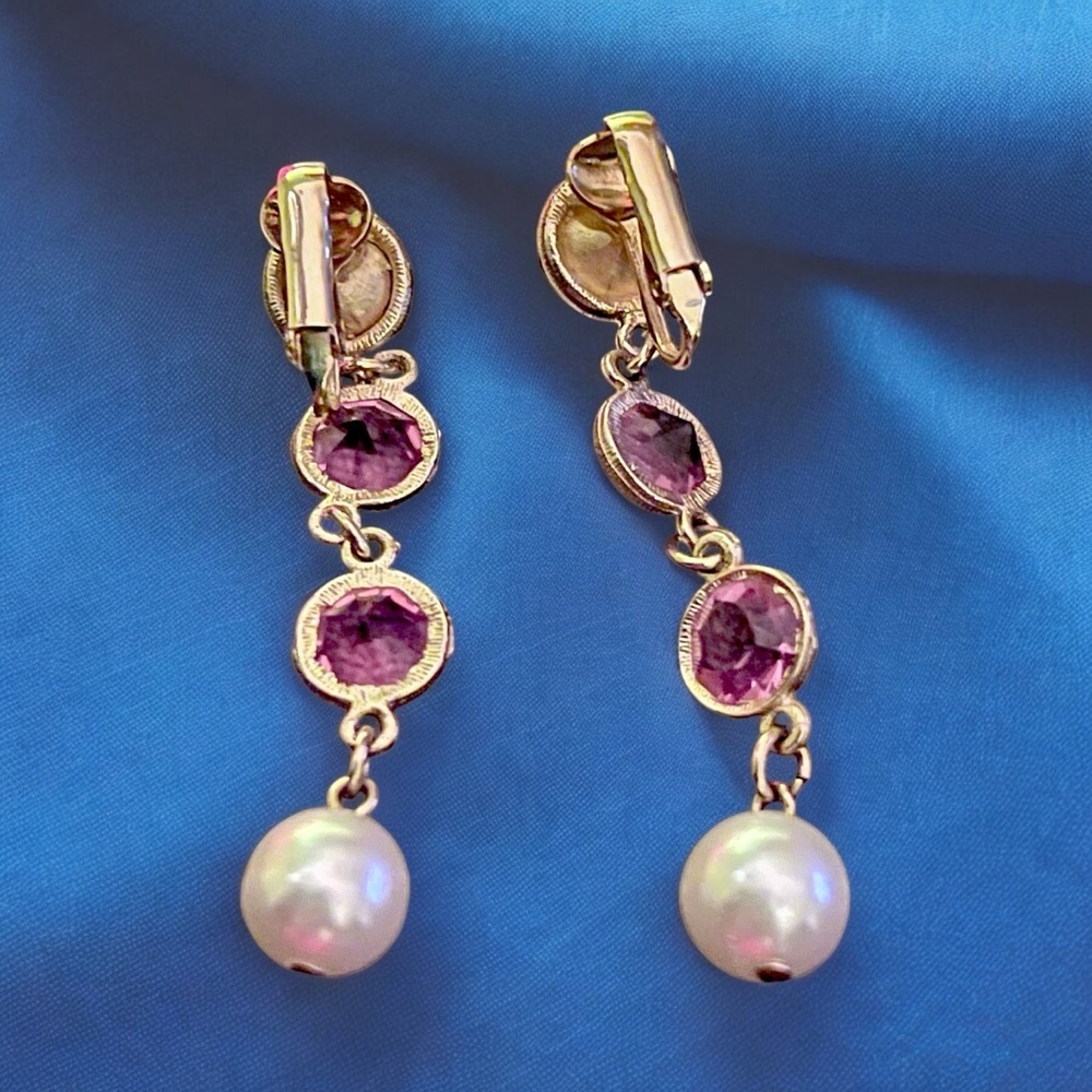 Elegant Pink Bezel Set Rhinestone Crystal and Gold Tone Drop Dangle Earrings - Picture 3 of 3